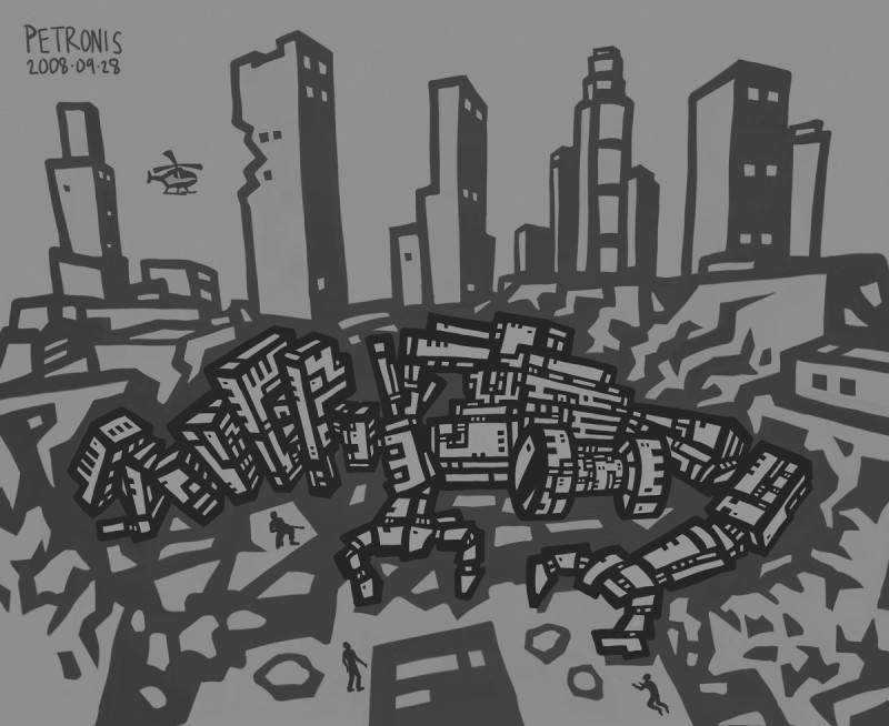 Cartoon of a large vanquished robot