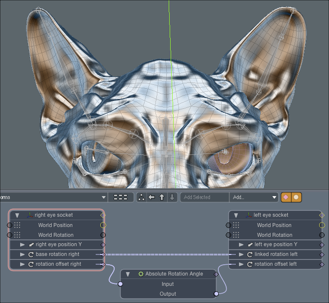 Eyeball motion linked together using modo's schematic panel.