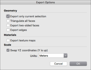SketchUp export settings.